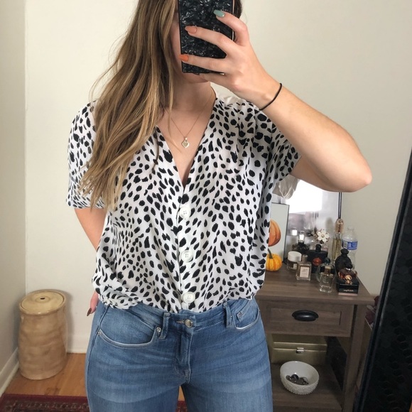 Express Tops - Express Animal Print Oversized Button Down Blouse